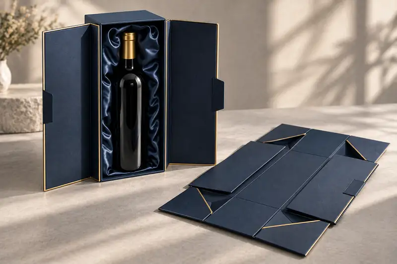 A flat-pack wine gift box with satin lining