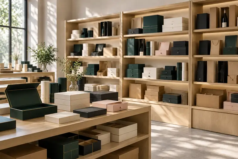 Packaging sample room with finished rigid boxes